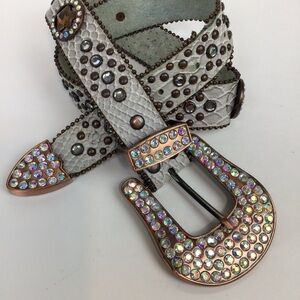 NOCONA Leather Western Cowgirl Rodeo Ivory Snake Tooled Rhinestone Bling Belt 30